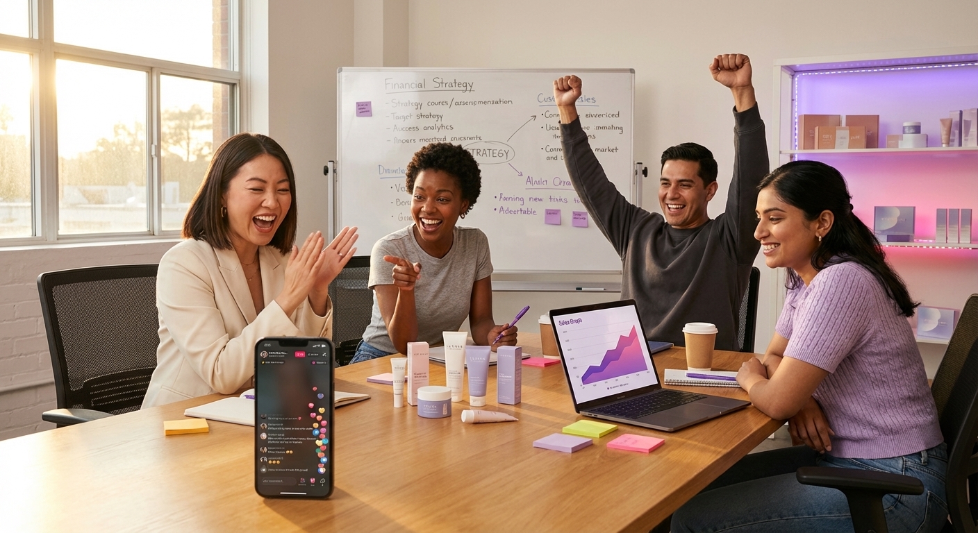 Brand team watching successful TikTok Shop live stream replay with heart emojis and positive buyer comments