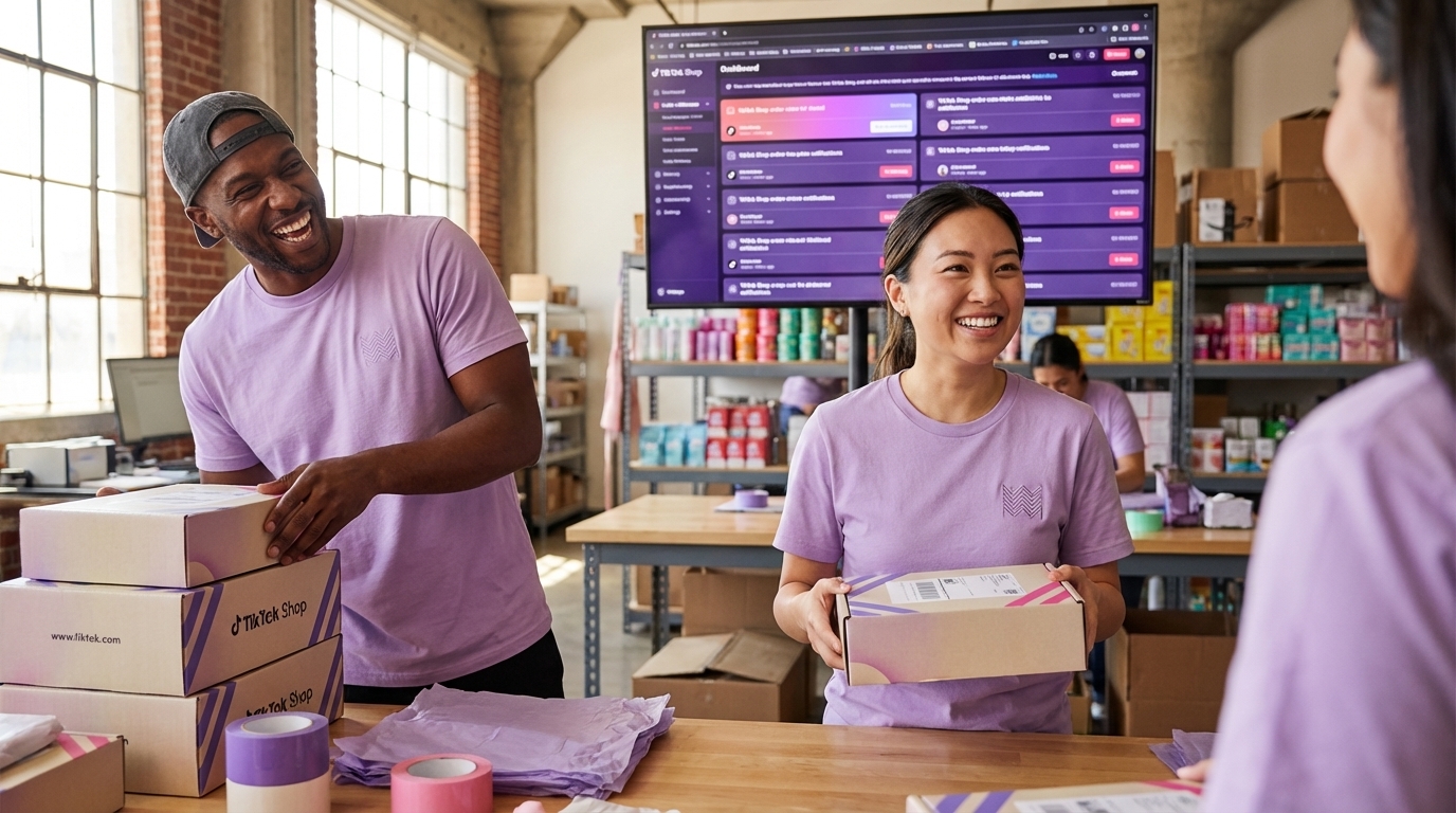 Organized TikTok Shop warehouse team joyfully packing branded orders on record sales day with live order feed