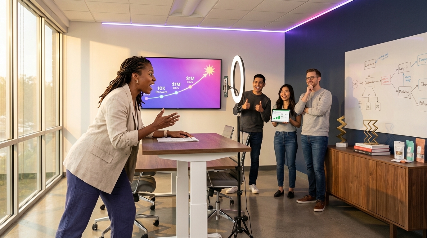 TikTok Shop brand founder confidently recording brand story video with growth timeline and supportive team behind camera