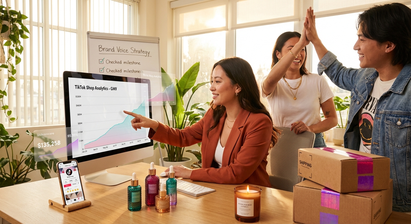 TikTok Shop brand team celebrating rising GMV and watch-time analytics on dashboard screen in modern office