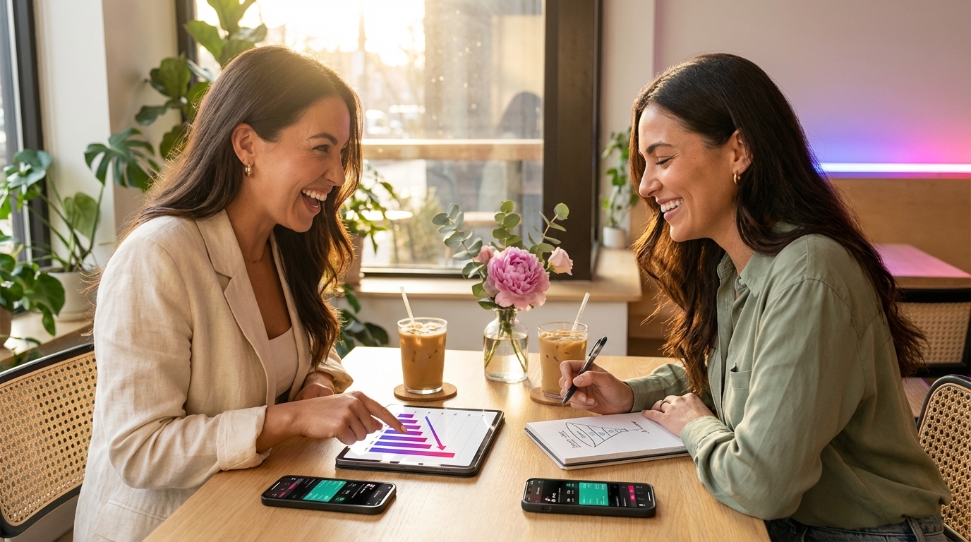 Brand founder and marketing director reviewing TikTok Shop objective stacking strategy results at bright modern workspace