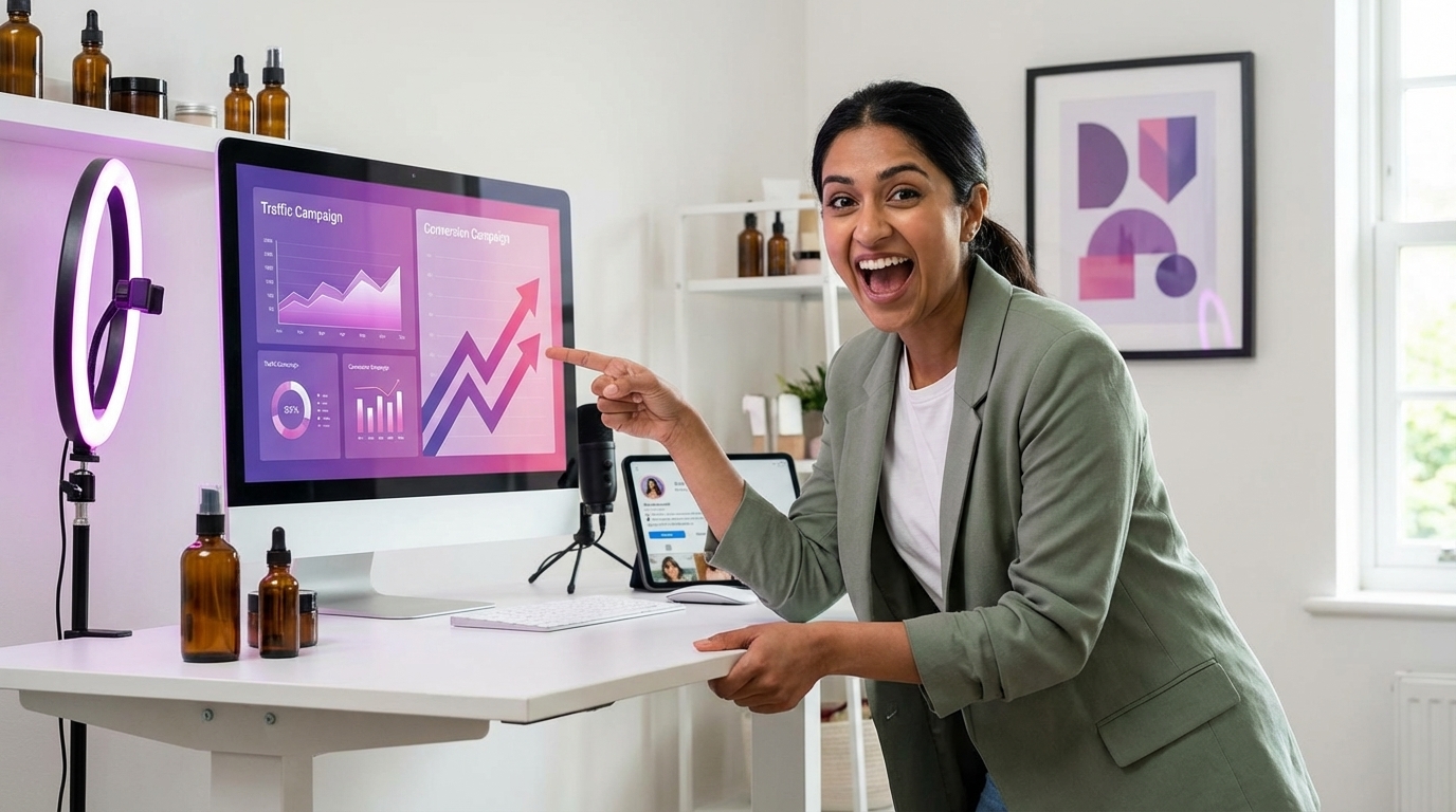 Brand founder excitedly comparing TikTok Shop Traffic versus Conversion campaign results on split-screen monitor