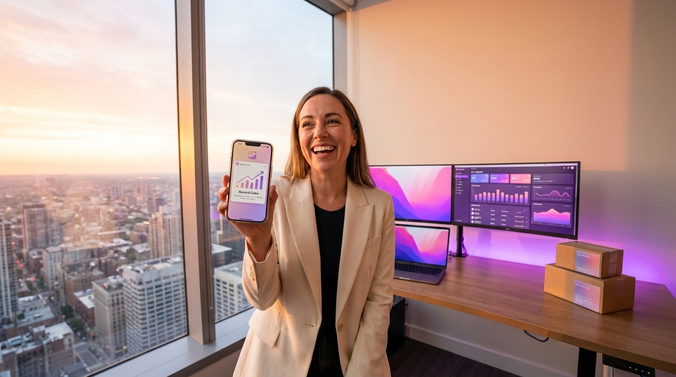 Brand founder viewing 50K GMV TikTok Shop revenue notification on phone with sunrise cityscape and campaign dashboards behind her