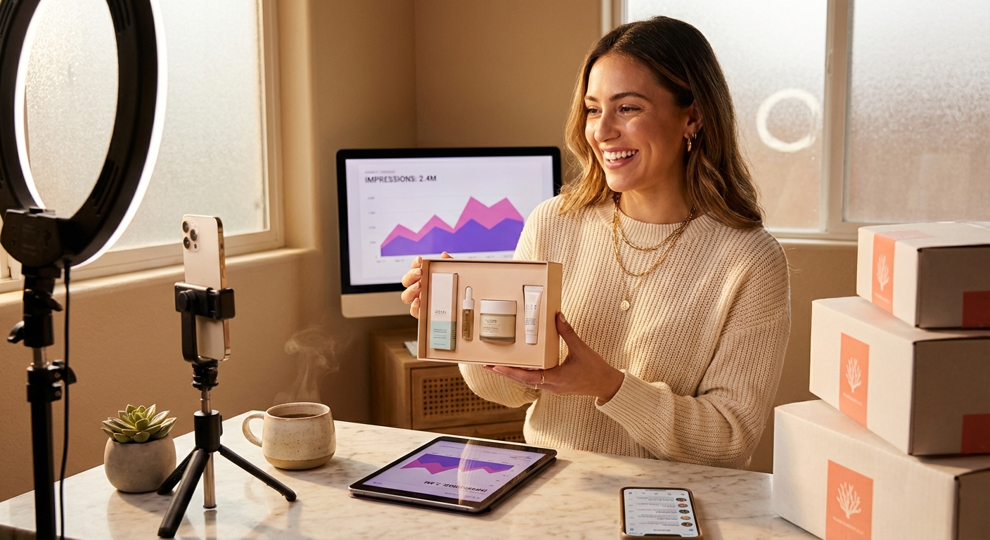 Creator confidently filming a TikTok Shop product launch video in a professional studio with reach campaign metrics displayed
