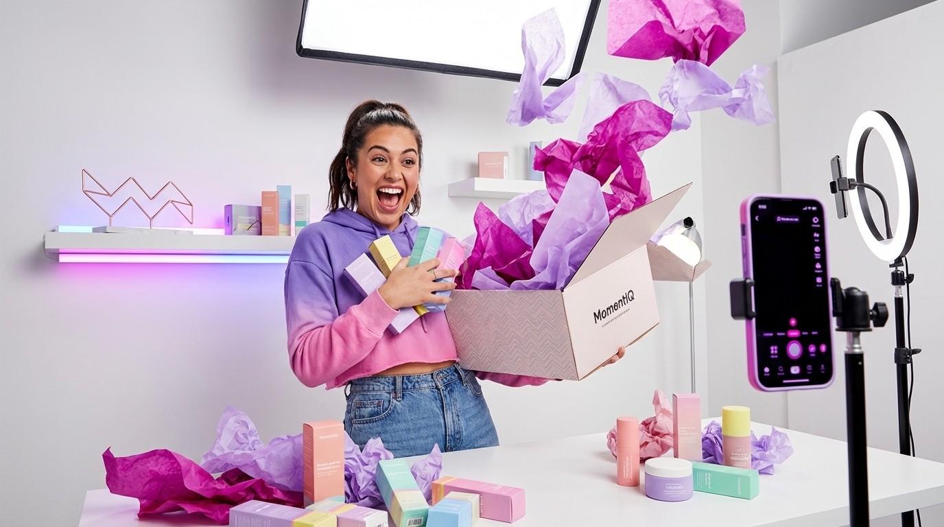Excited creator unboxing TikTok Shop product seeding package while filming with phone on tripod and ring light