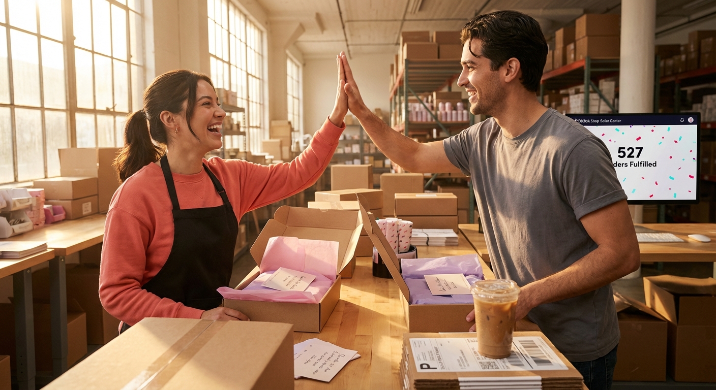 Warehouse team celebrating TikTok Shop order fulfillment milestone with branded packages and order dashboard
