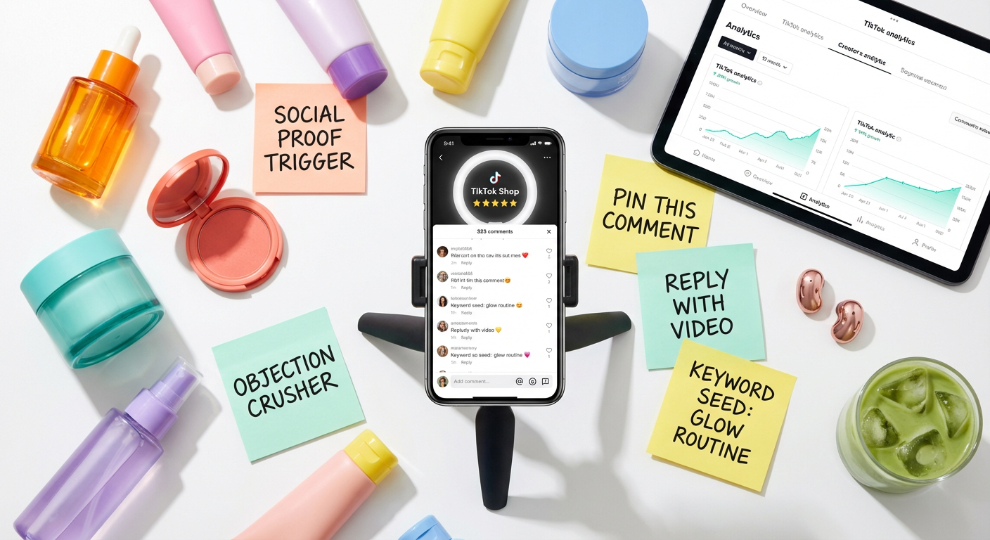 Flat lay of TikTok Shop content strategy workspace with phone showing product reviews and engagement analytics
