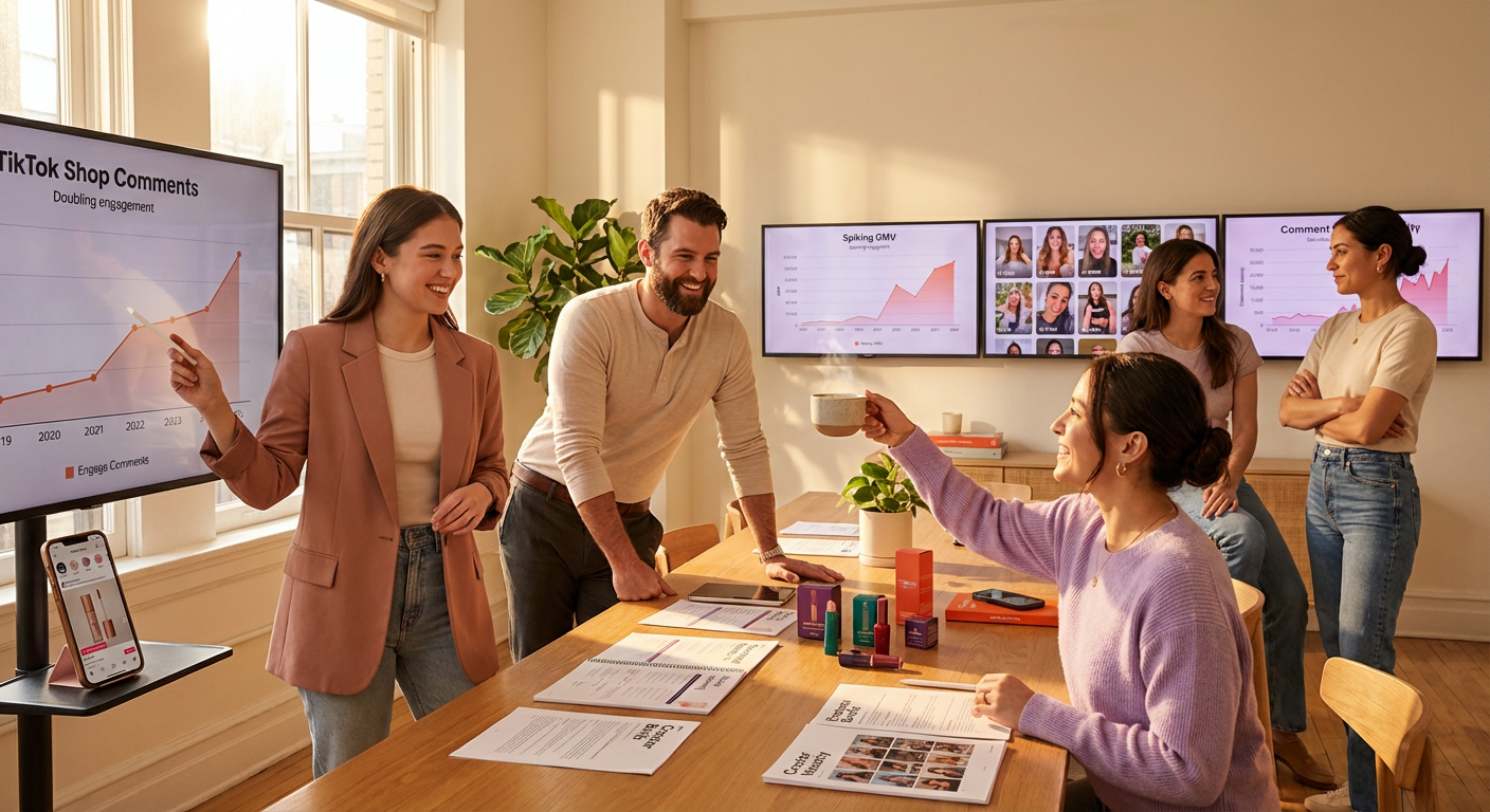 MomentIQ agency team reviewing TikTok Shop campaign dashboards and creator briefs in modern war room