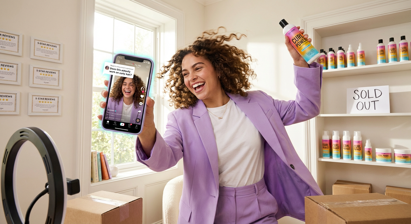 TikTok Shop creator energetically filming reply-with-video response to customer comment while showcasing product