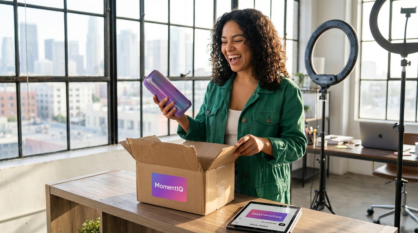 Joyful creator unboxing a TikTok Shop product seeding package in a bright, organized studio setup.