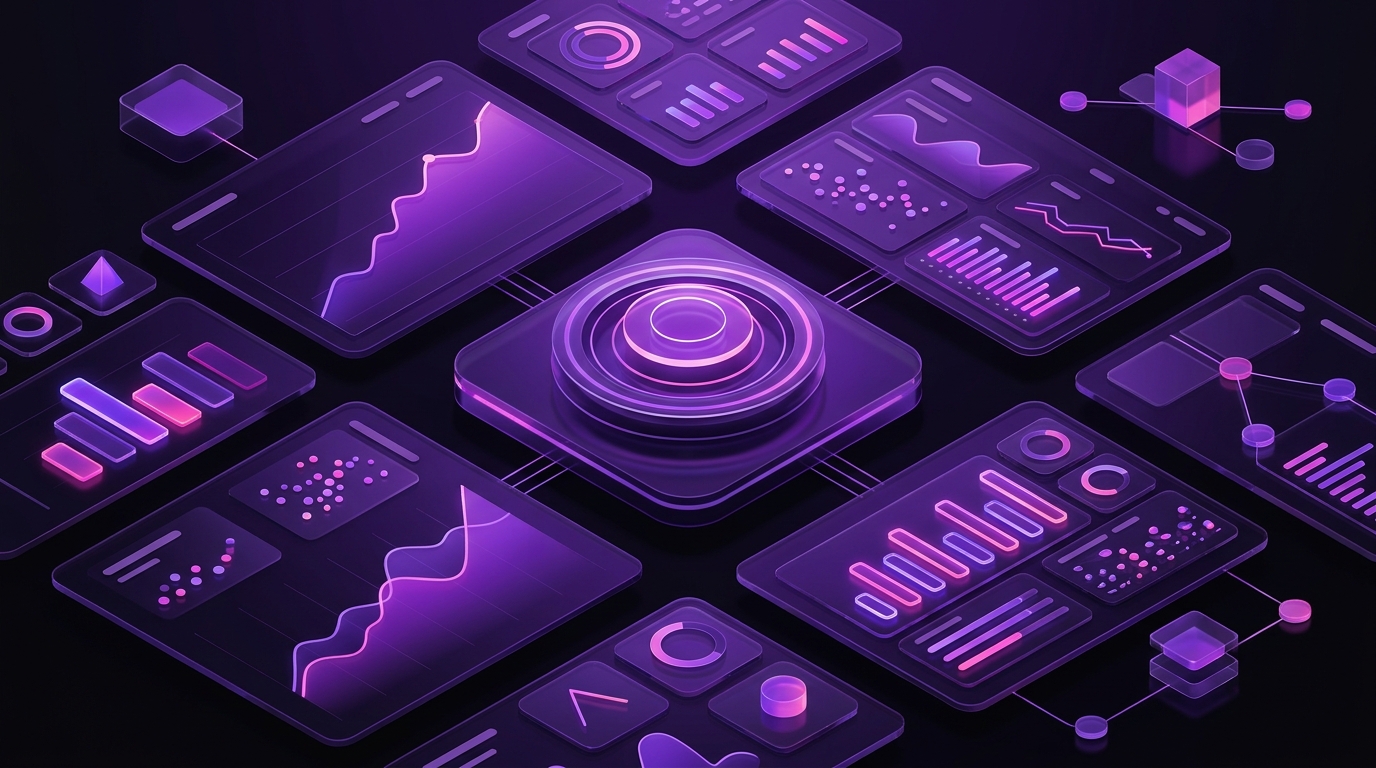 Dark isometric dashboard illustration with glowing purple charts and metric tiles for "The MomentIQ Advantage: Unlocking Superior TikTok Shop Marketing Optimization"