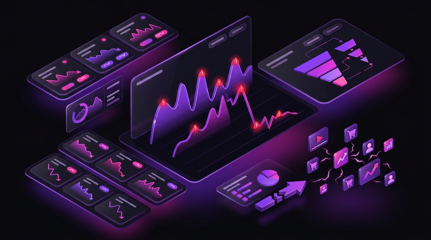 Dark isometric dashboard illustration with glowing purple charts and metric tiles for "Why Traditional TikTok Shop Content Strategy Fails (And What Brands Get Wrong)"
