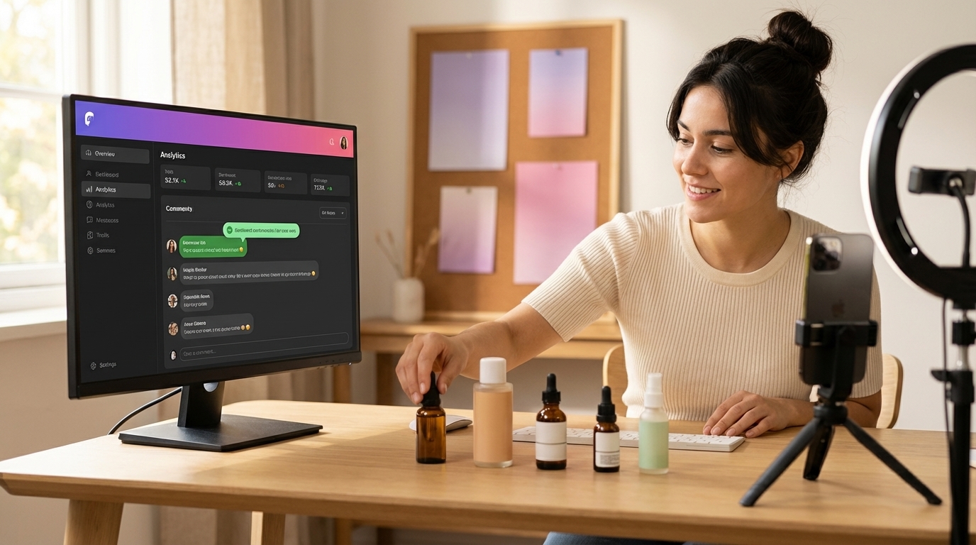 Creator studio setup with TikTok Shop comment sentiment analytics on screen and products arranged for filming