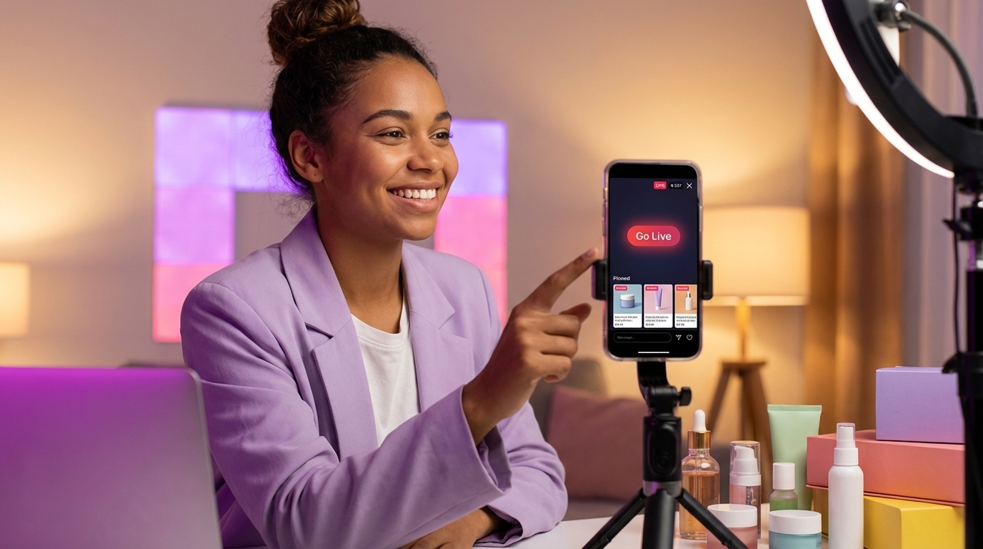 Excited TikTok Shop creator going live with products staged and viewer count climbing on phone screen