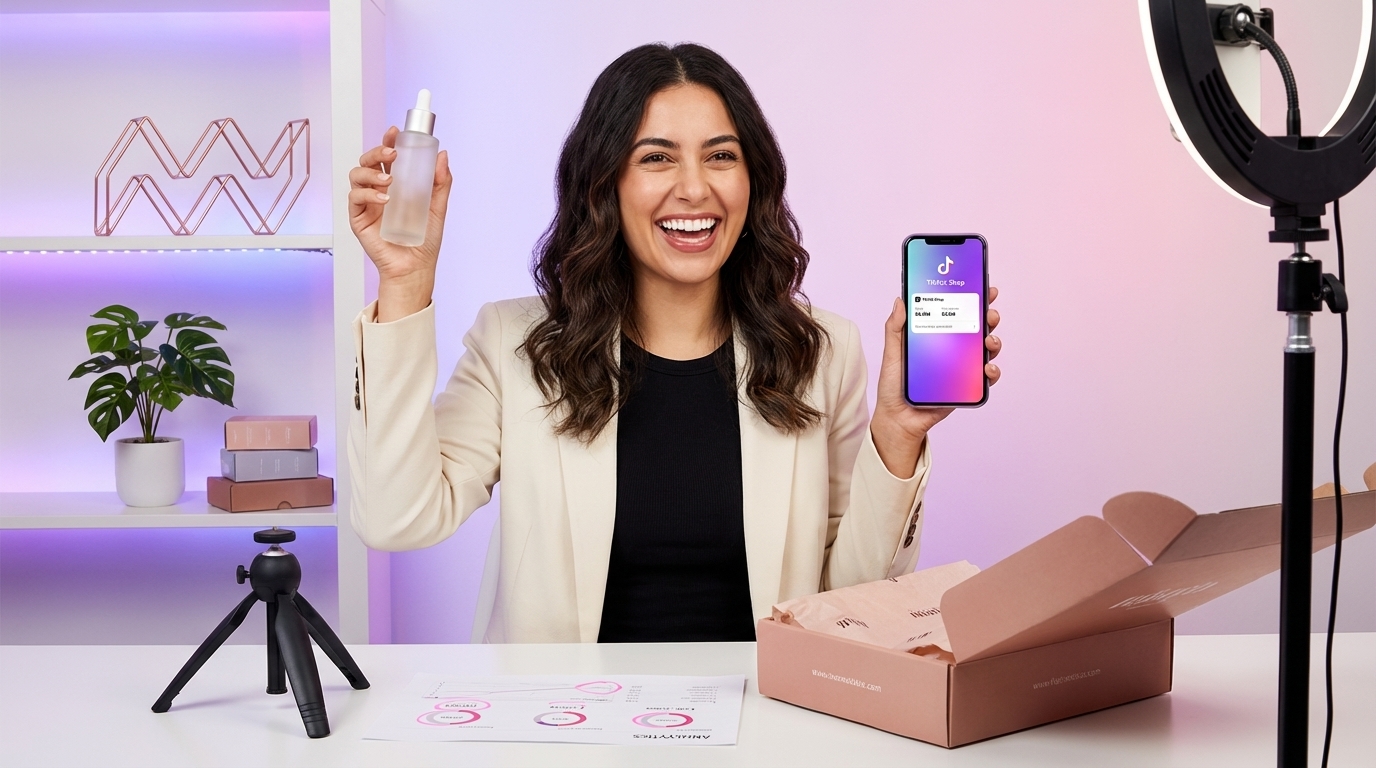 Successful TikTok Shop creator holding product with phone showing attributed sales notification at organized studio desk