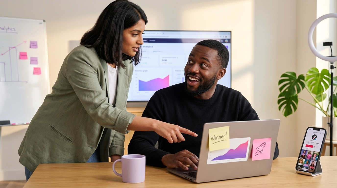 TikTok Shop brand managers excitedly reviewing creator video retention analytics on laptop with high watch-through rate