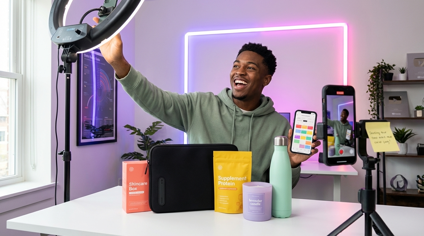 TikTok Shop creator preparing studio setup with ring light products and shot list for optimized product video