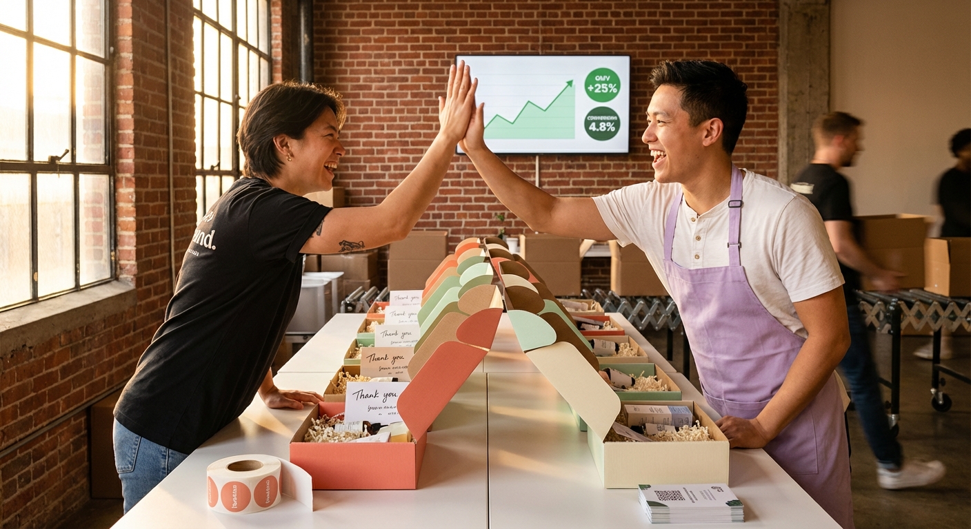 TikTok Shop fulfillment team high-fiving while preparing creator seeding packages with analytics dashboard in background