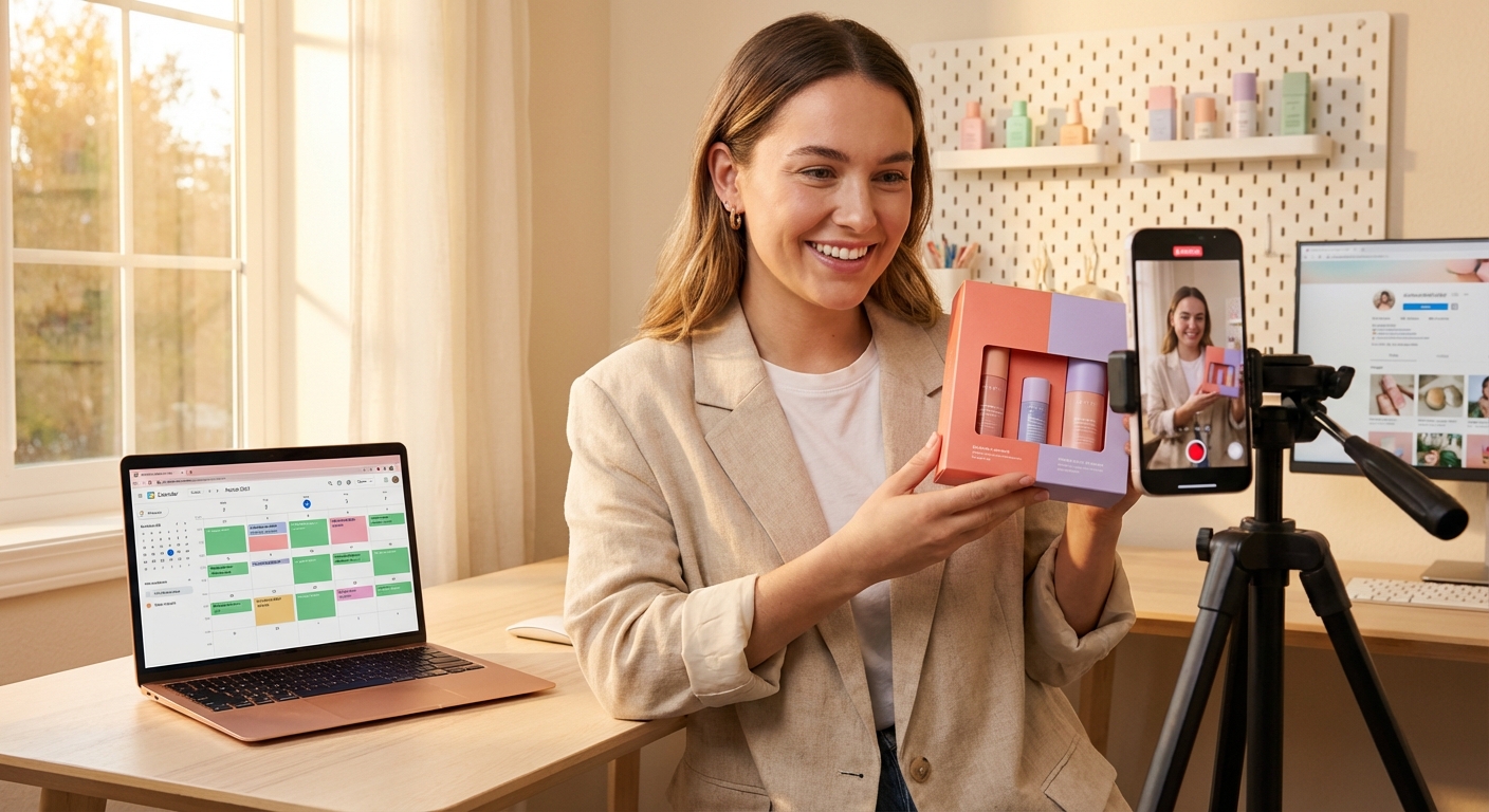 Brand social media manager confidently filming TikTok Shop product demo in a well-organized creator studio with daily content schedule visible