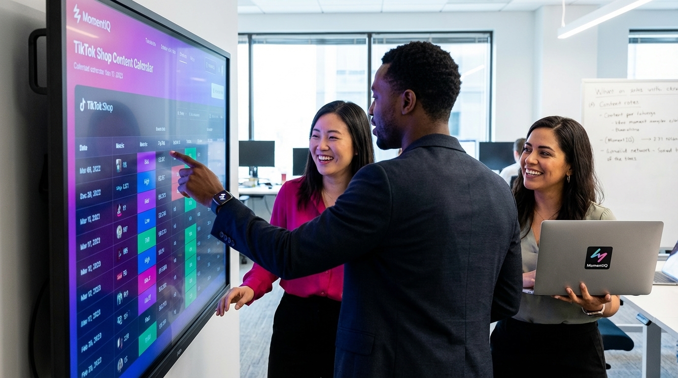 Brand team reviewing an innovative, data-rich TikTok Shop content calendar in a modern office