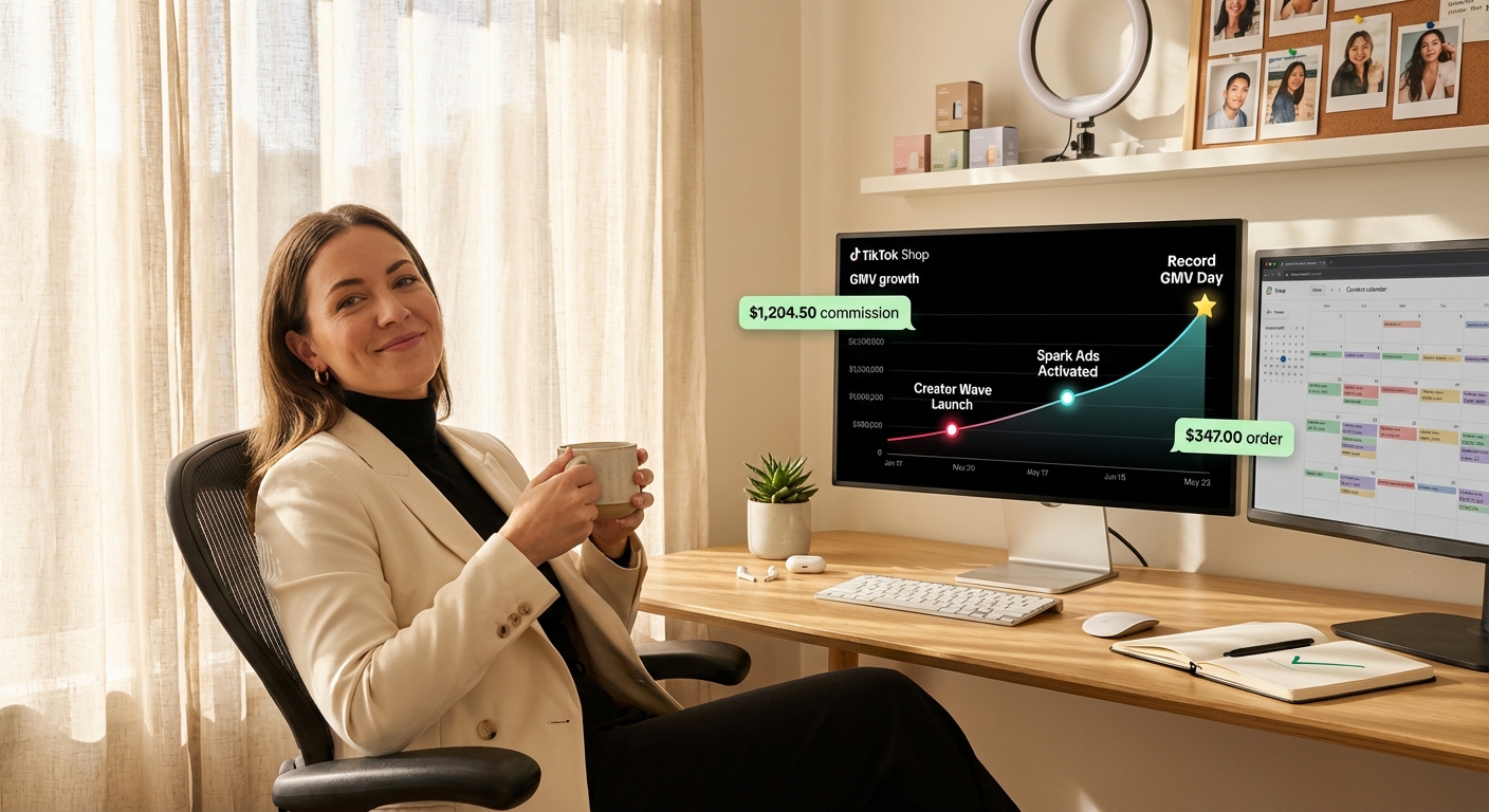 E-commerce manager smiling at TikTok Shop analytics dashboard showing 60-day GMV growth with aligned content calendar
