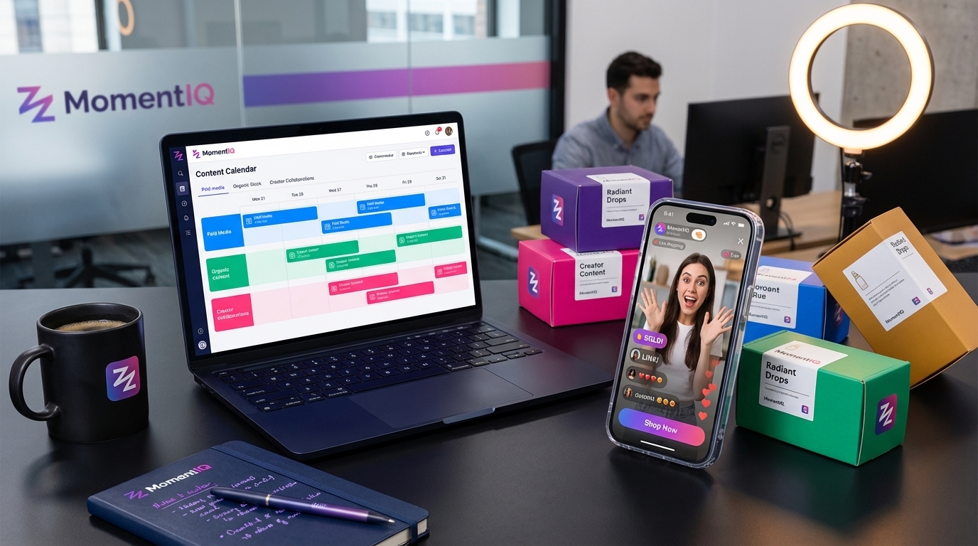 Flat lay of a TikTok Shop content calendar, branded packaging, and phone showing reviews