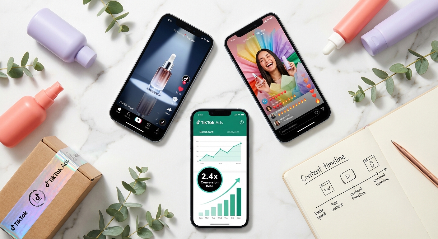 Flat lay of three phones showing synchronized TikTok Shop brand content creator videos and paid ads dashboard with products and branded packaging