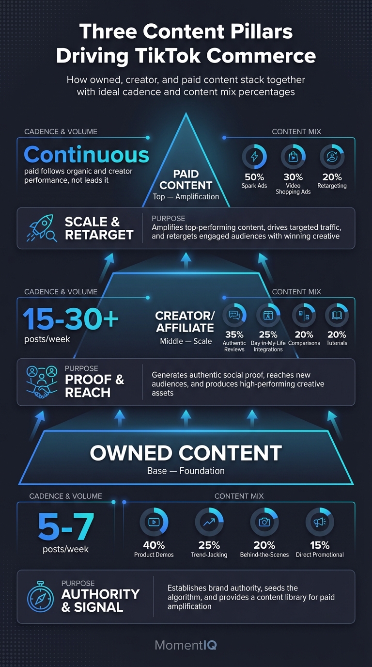 Pyramid infographic showing TikTok Shop three content pillars with owned content at the base posting 5-7 times weekly,