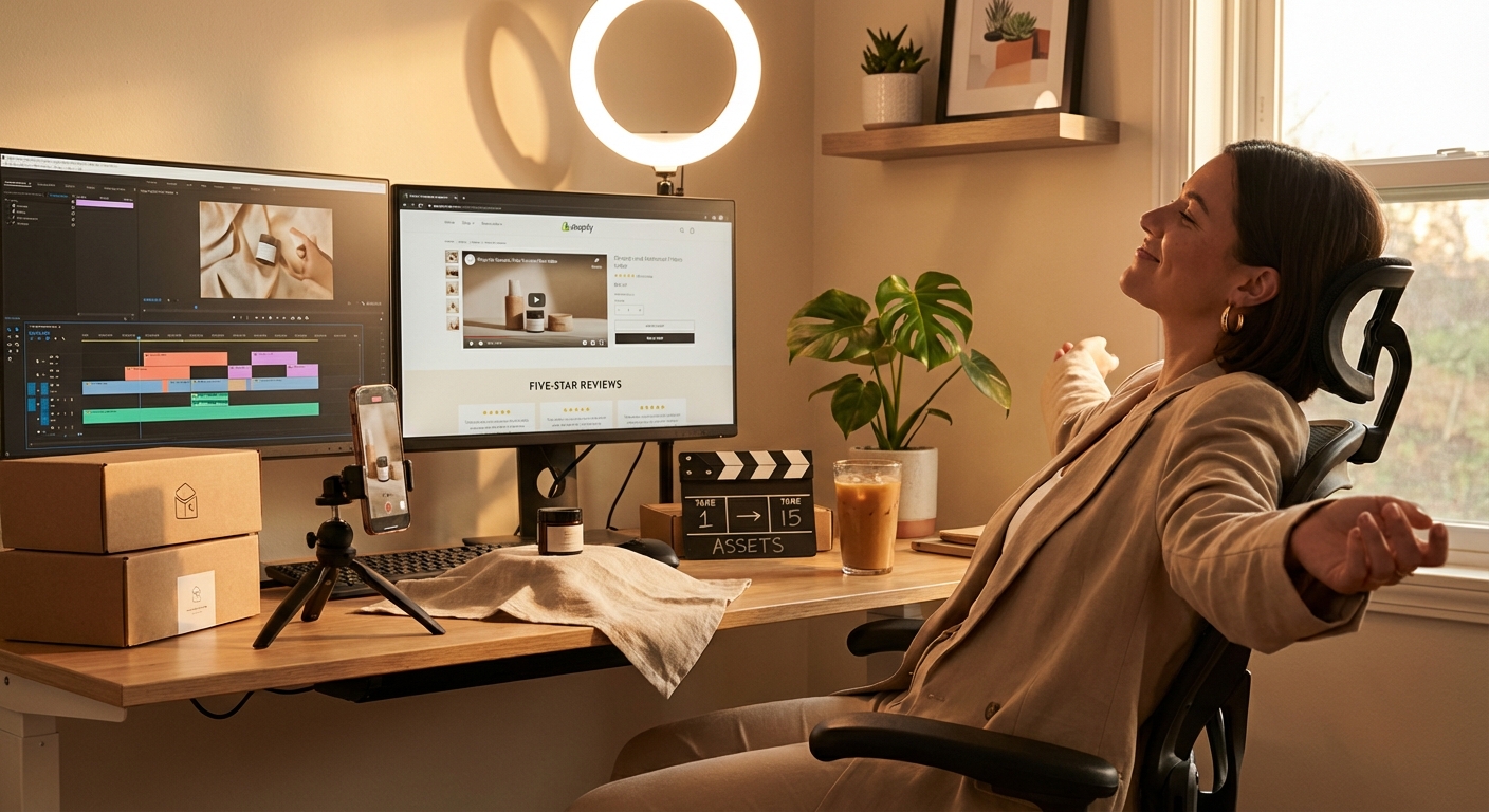 Content creator celebrating completion of 15 TikTok Shop repurposed video assets at her professional editing studio setup