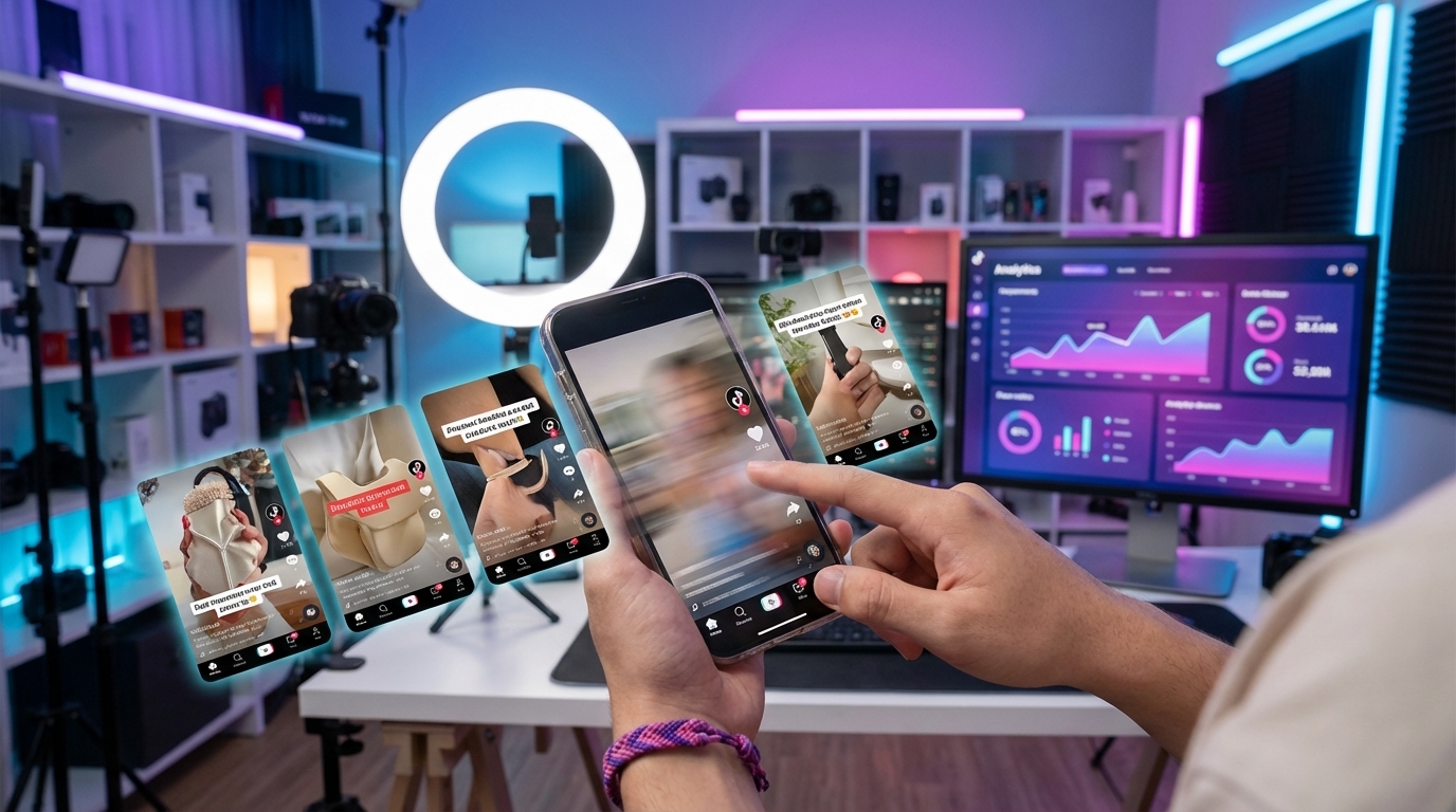 Creator scrolling through multiple TikTok Shop video hook variations on smartphone