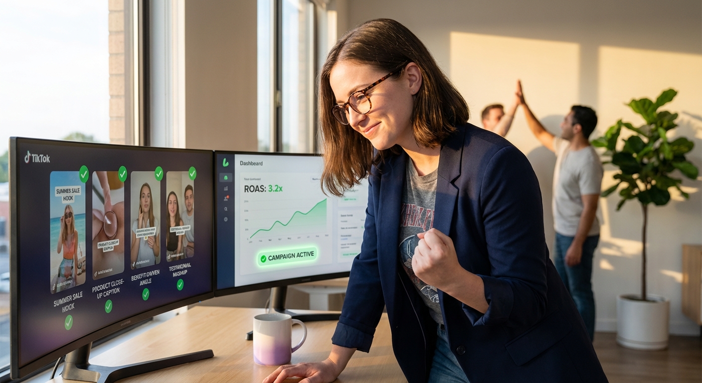 Digital marketer celebrating strong TikTok Shop ad performance with multiple ad variations and upward-trending ROAS dashboard