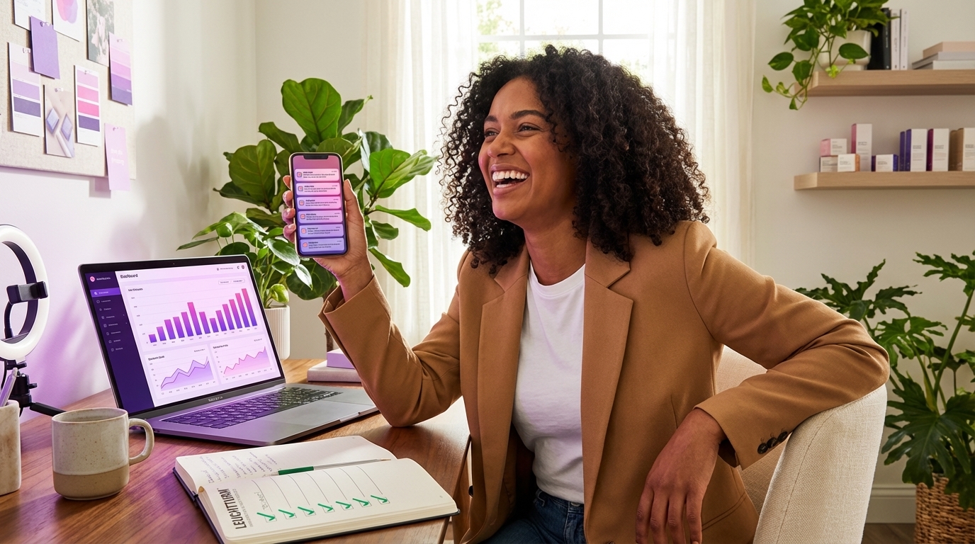 Entrepreneur celebrating viral TikTok Shop hook variation video with rising analytics on laptop