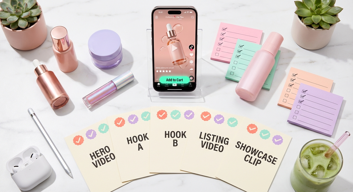 Flat lay of TikTok Shop content repurposing workflow with phone showing product listing and storyboard cards for five native video assets