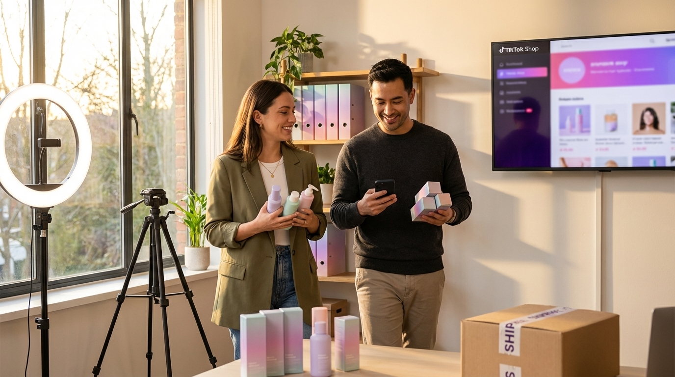 Modern TikTok Shop brand creative studio with filming setup and product styling station