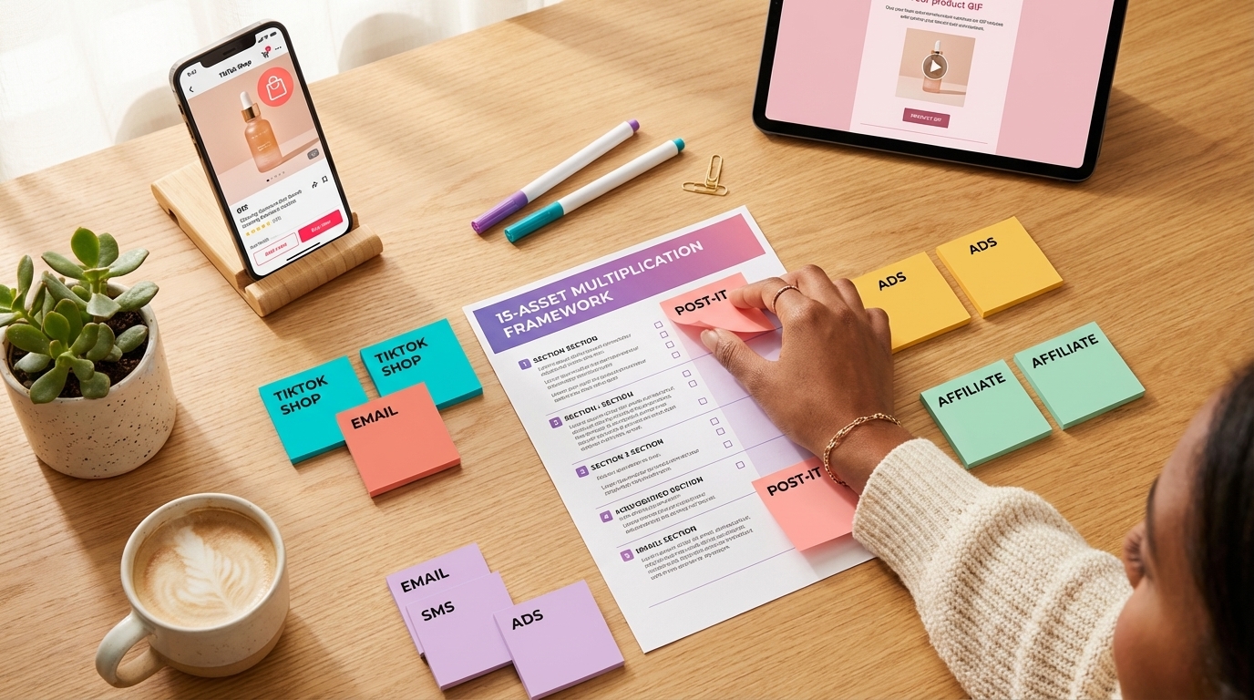 Organized content planning session for TikTok Shop 15-asset multiplication framework with color-coded notes