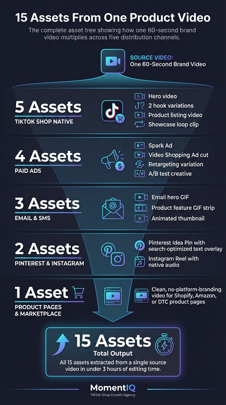 Funnel infographic showing how one TikTok Shop product video branches into 15 assets across 5 channels: 5 TikTok native, 4 paid ads, 3 email and SMS, 2 social media, and 1 product page asset