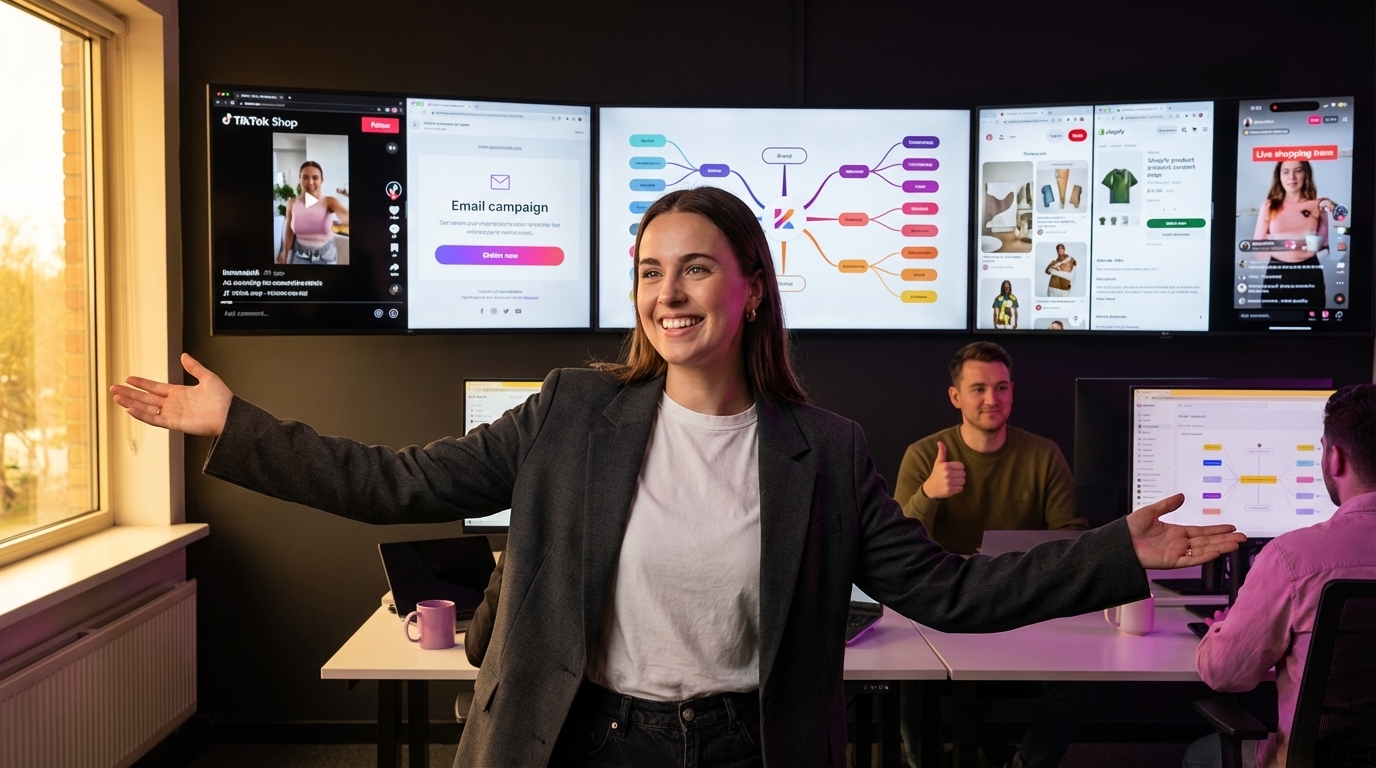 Brand strategist overseeing TikTok Shop content repurposing across multiple channel screens