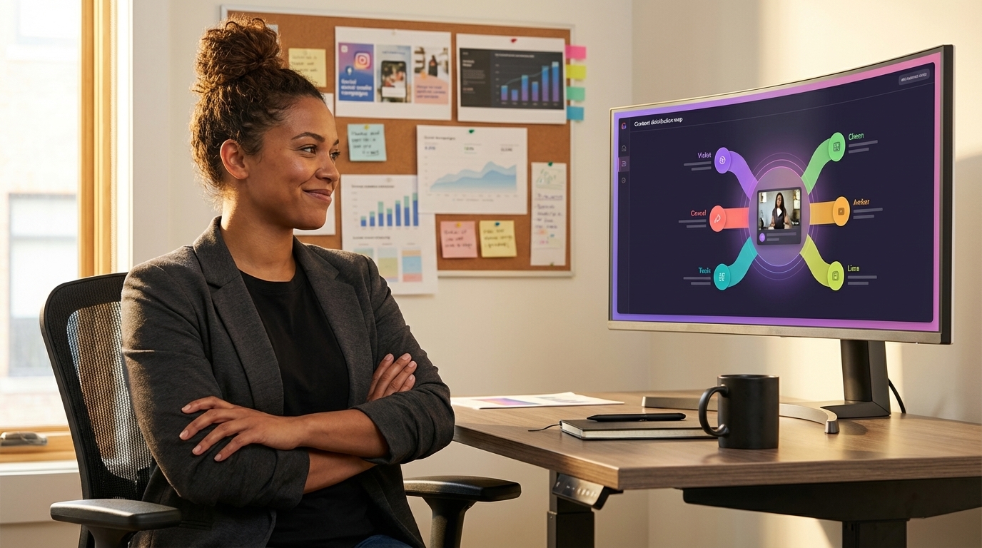 Brand strategist reviewing TikTok Shop five-channel content distribution map on monitor