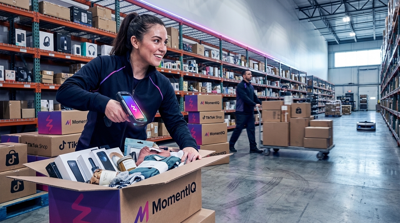 Happy warehouse worker fulfilling larger TikTok Shop orders in an organized facility
