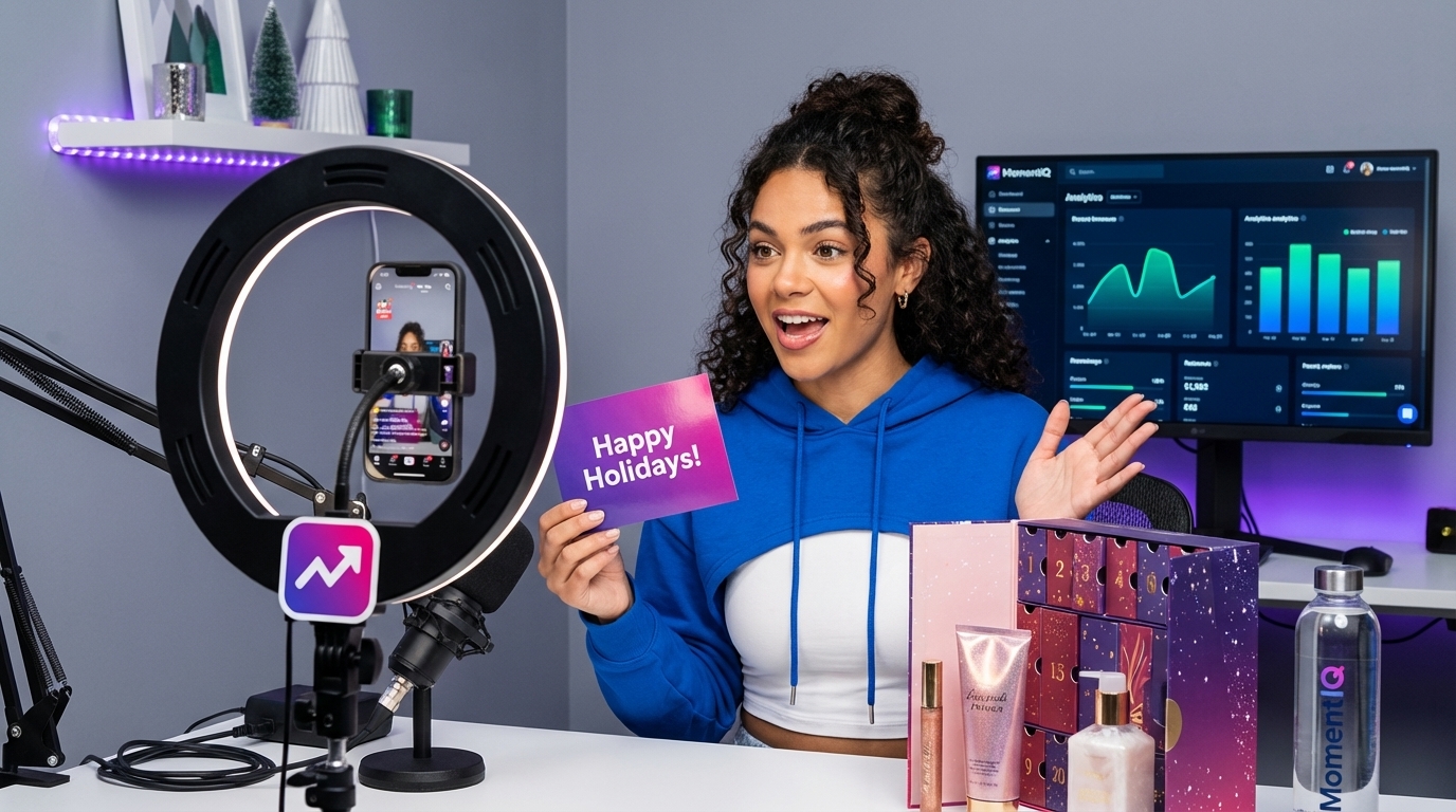 Joyful TikTok Shop creator unboxing a festive seasonal product for a promotion