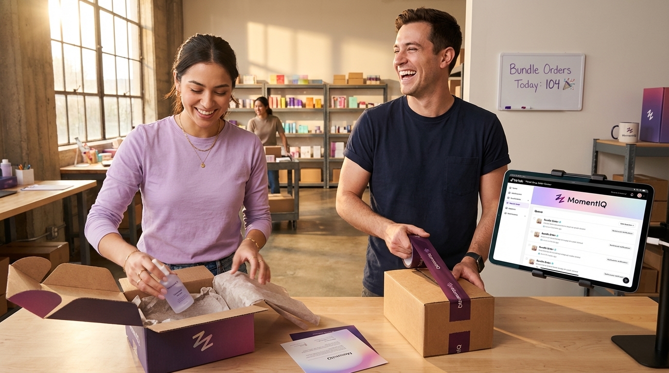 Organized TikTok Shop fulfillment team joyfully packing bundle product orders in a colorful warehouse with order queue on display