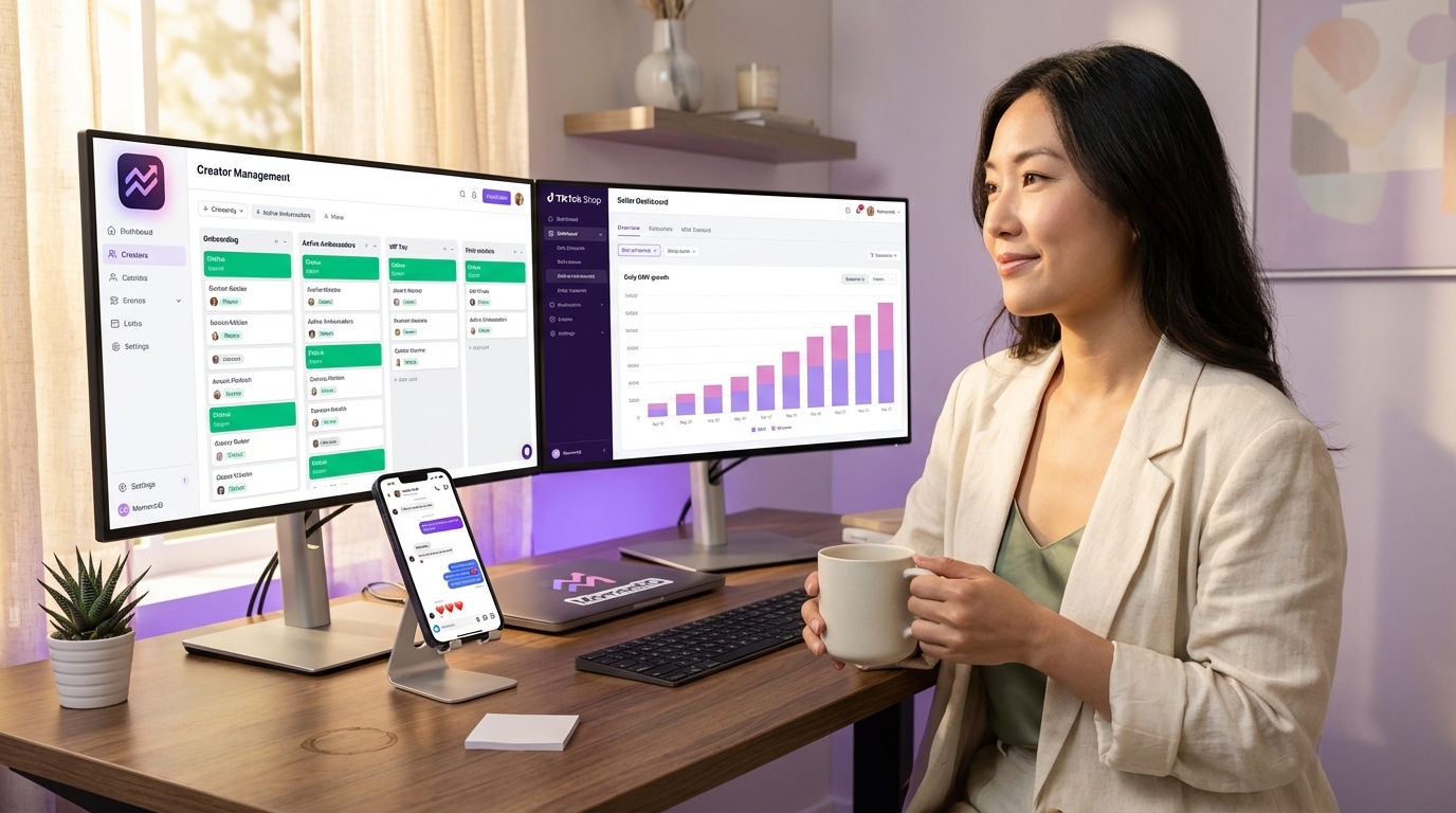 Confident TikTok Shop brand manager reviewing organized creator dashboard and consistent sales metrics at clean workspace