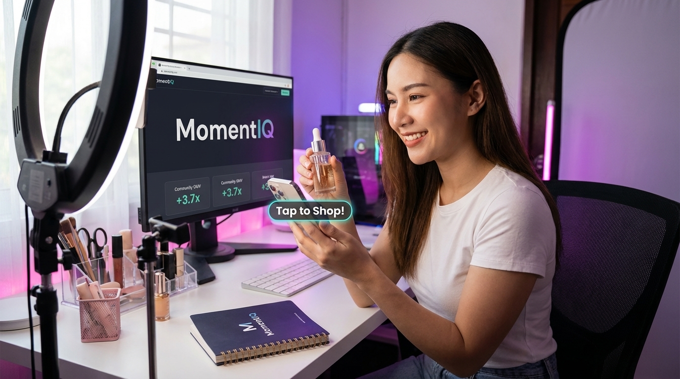 Confident TikTok Shop creator presenting a product on a live stream with 'Tap to Shop!' overlay.