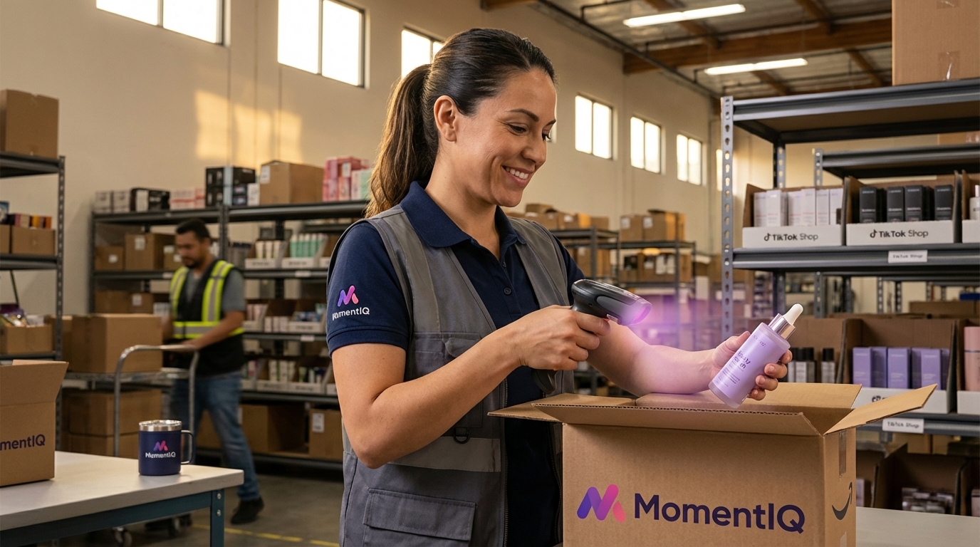 Efficient warehouse worker scanning a product barcode for TikTok Shop order fulfillment.