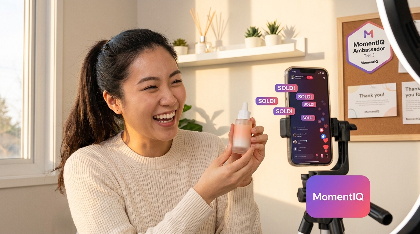 Energetic TikTok Shop creator filming live shopping stream in home studio with sold notifications and ambassador badge displayed