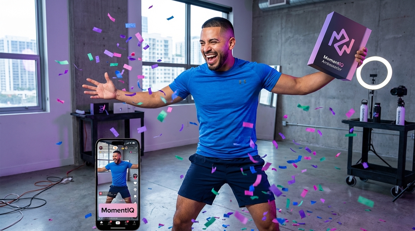 Joyful TikTok creator celebrating receiving a MomentIQ Ambassador box, with confetti.
