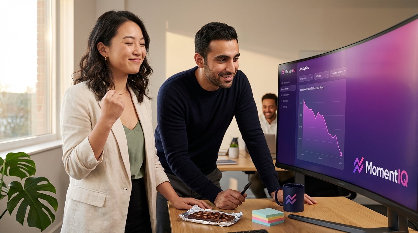 Marketing team celebrating reduced TikTok Shop customer acquisition cost on an analytics dashboard.