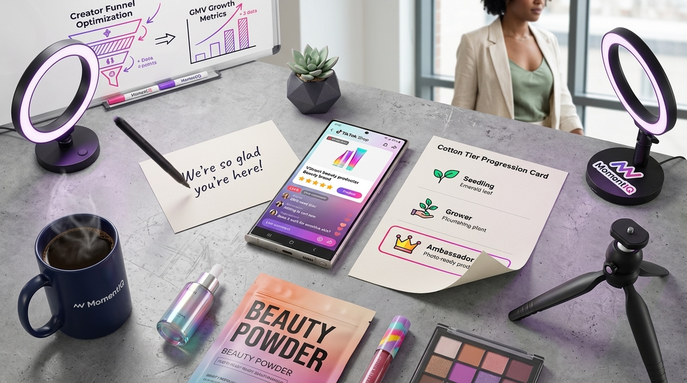 TikTok Shop ambassador program welcome kit flat lay with branded packaging tiered progression card and product samples