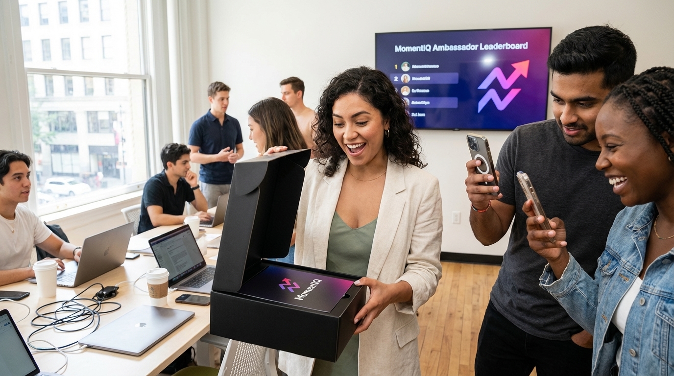 Focused entrepreneur excitedly unboxing a branded TikTok Shop product seeding package with a collaboration offer on her laptop.
