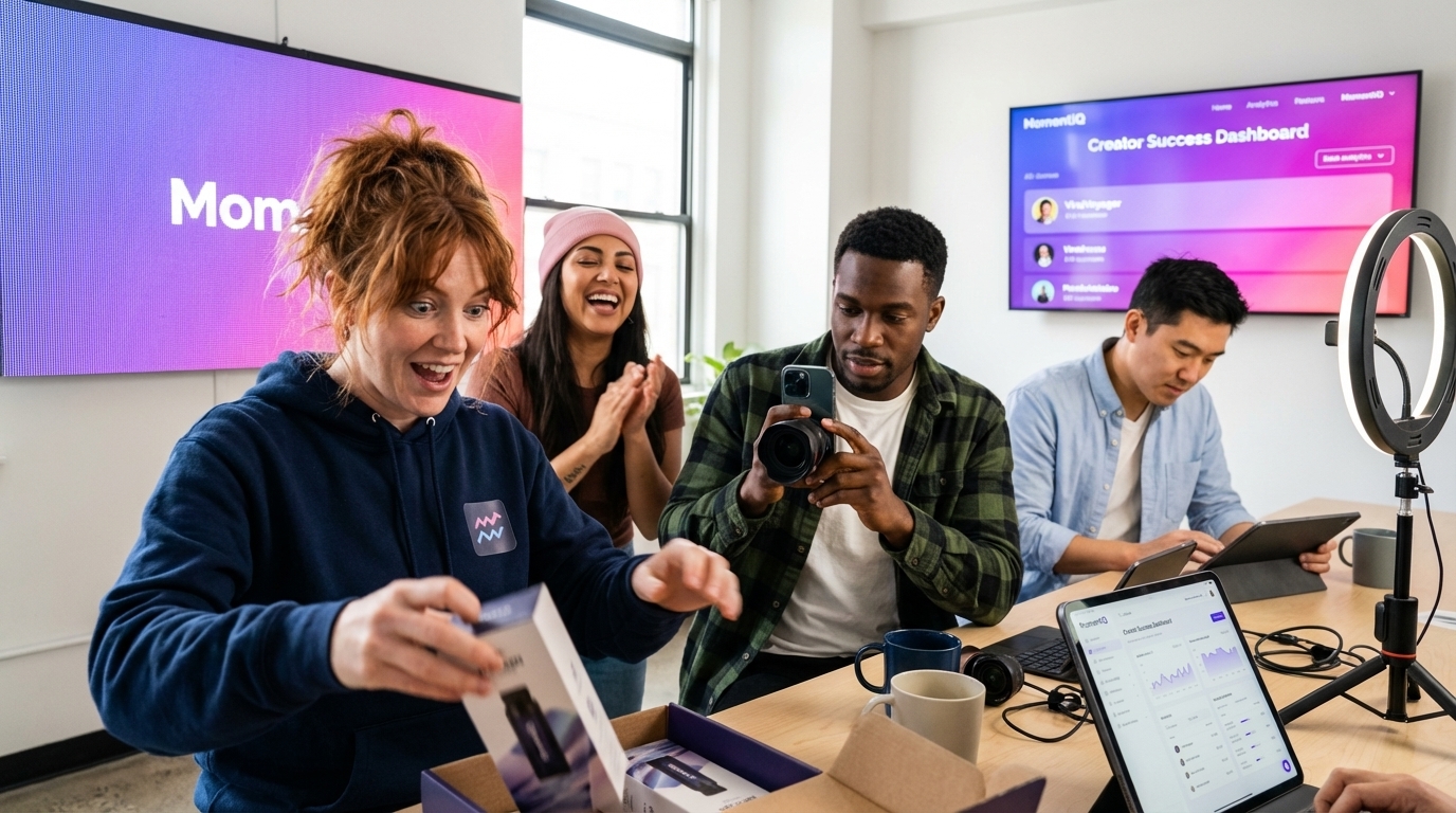 TikTok Shop creators excitedly unboxing exclusive ambassador tier products at branded community event with leaderboard display